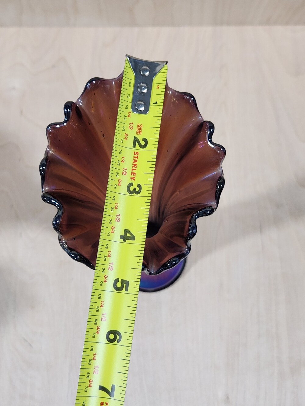 Vintage Iridescent Amethyst Purple Glass Ruffled Rim Trumpet Vase 12 Inch VTG - Picture 12 of 12